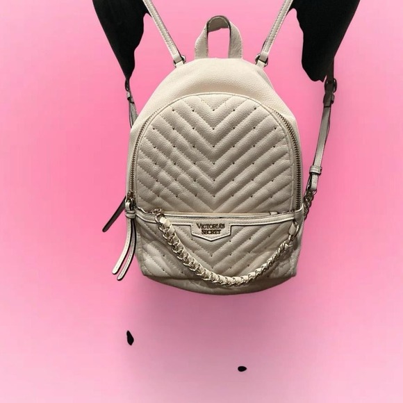 Victoria's Secret White Gold Studs Chain Faux Leather Mini Backpack Nwt Preppy - Picture 3 of 8